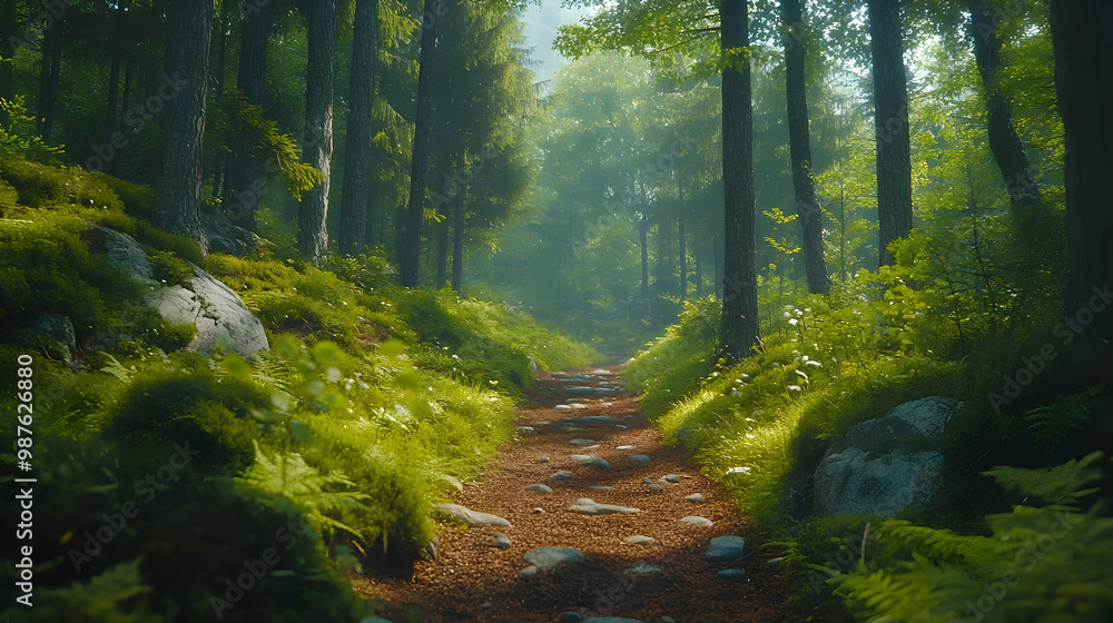 Forest Path With Sun Rays Illustration Forest Path With Sun Rays Illustration