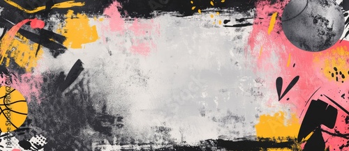 A vibrant abstract background featuring basketball elements and colorful splashes.