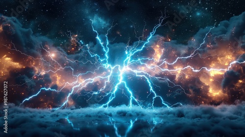 A stunning cosmic scene depicting vivid blue lightning illuminating dark clouds and a starry background.