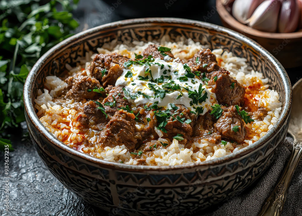 A hearty beef stew served over white rice, garnished with fresh parsley and a dollop of sour cream, beautifully presented in a patterned bowl on a rustic table setup. A hearty beef stew served over white rice, garnished with fresh parsley and a dollop of sour cream, beautifully presented in a patterned bowl on a rustic table setup.
