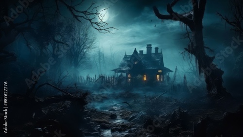 Haunted Halloween Mansion in a Dark Forest photo