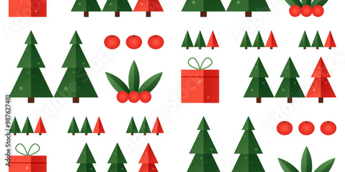 Christmas seamless pattern with trees, red gift boxes and mistletoe. Winter geometric holiday background with forest and mandarins, vector flat illustration