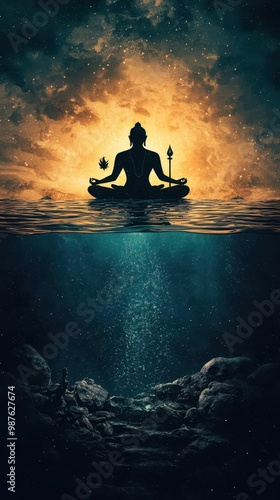 Matsya avatar swimming through an ancient cosmic flood, carrying the hope of humanity, Matsya avatar, divine salvation, cosmic water