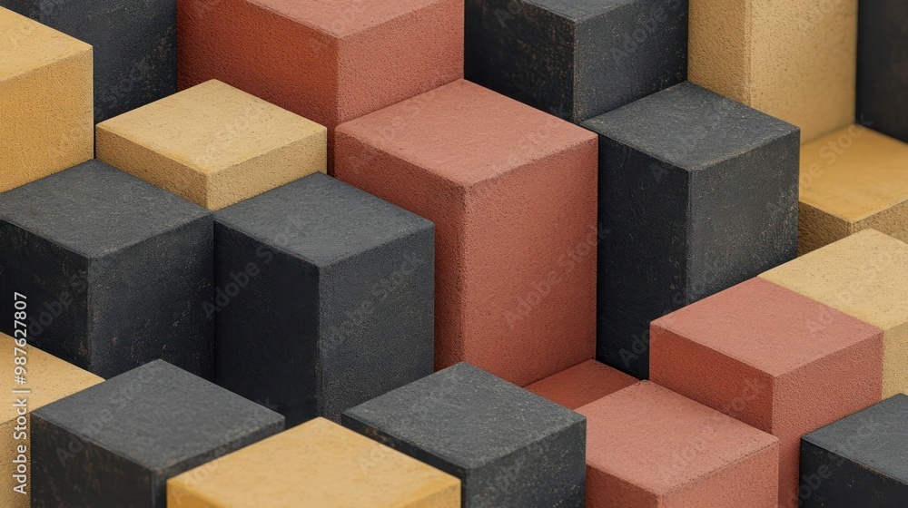 A close-up view of colorful, stacked geometric blocks arranged in a pattern. A close-up view of colorful, stacked geometric blocks arranged in a pattern.