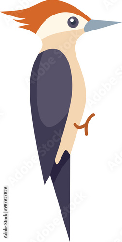 Minimalist vector illustration of a woodpecker bird with red head, white chest and black feathers sitting on a branch