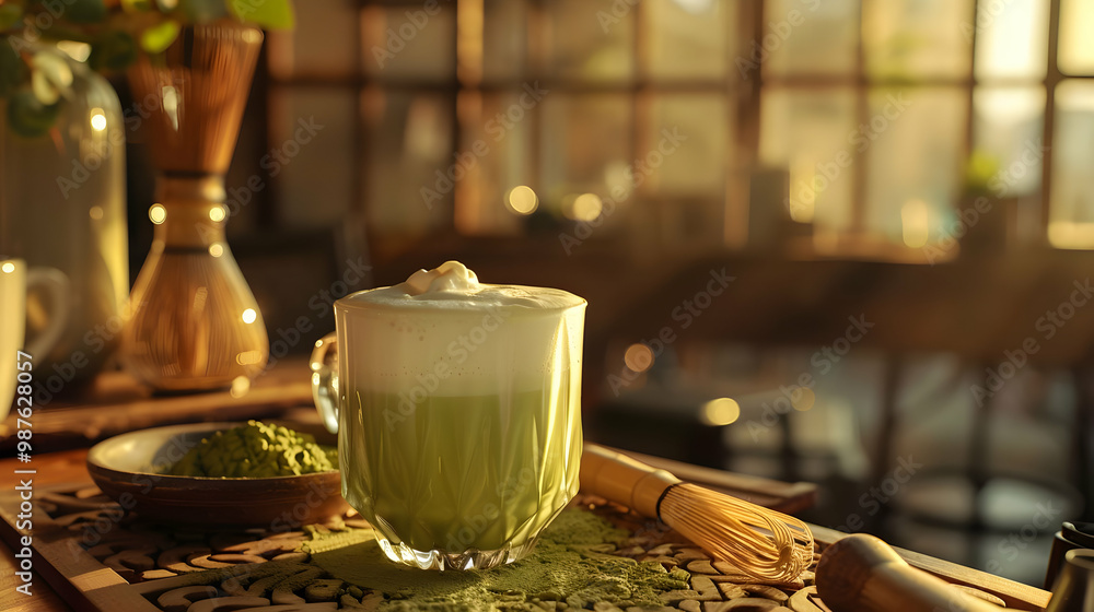 Fototapeta premium Matcha Latte with Whipped Cream and Matcha Powder