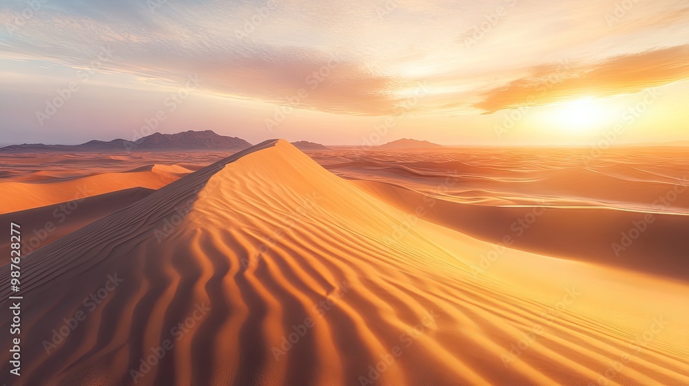 A breathtaking desert landscape with flowing golden sand cascading down a towering dune, glowing under the radiant golden hour sunlight. A breathtaking desert landscape with flowing golden sand cascading down a towering dune, glowing under the radiant golden hour sunlight.