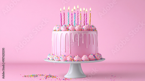 Delicious pink birthday cake with candles and sprinkles, perfect for celebrations!