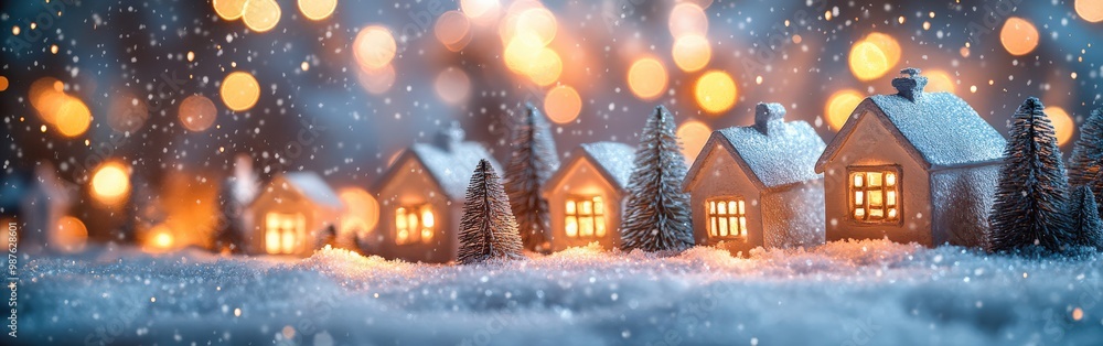 Naklejka premium Cozy Christmas village with warm glowing lights and snowy rooftops