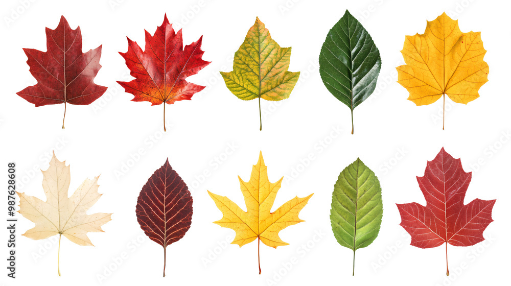 Set various seasonal autumn leaves in different colors and shapes isolated on transparent background Set various seasonal autumn leaves in different colors and shapes isolated on transparent background