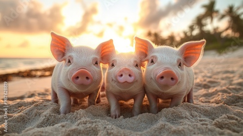 Three adorable piglets on a sandy beach at sunset. photo