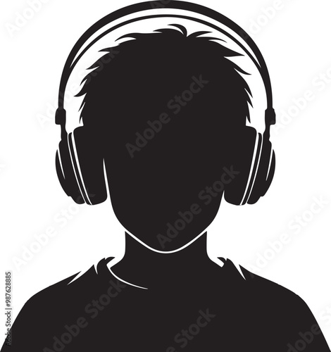 A Boy Listens to Music with Headphones silhouette vector