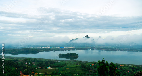 Landscape of Mountain and lake scenery at sunrise at Phu Sap Lek, Lopburi, Thailand photo