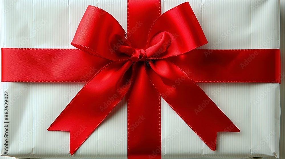 Elegant White Gift Box Adorned With a Bright Red Ribbon and Bow Ready for Celebration Elegant White Gift Box Adorned With a Bright Red Ribbon and Bow Ready for Celebration
