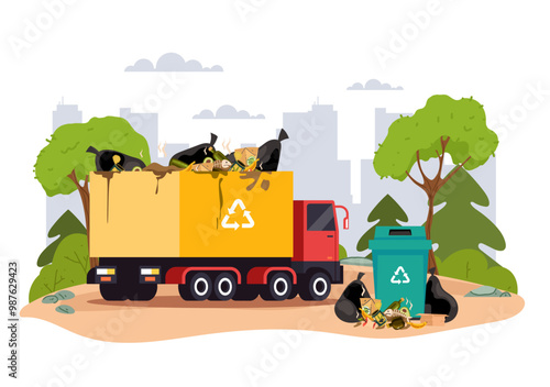 Garbage truck workers recycle waste trash concept. Vector design graphic illustration