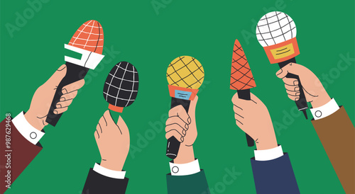 Press conference mic news interview journalist media camera microphone concept. Vector graphic design element illustration