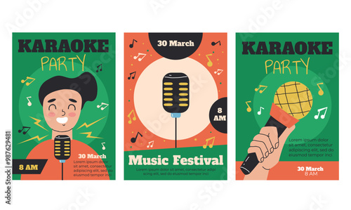 Karaoke microphone mic music retro poster banner flyer concept set. Vector graphic design element illustration