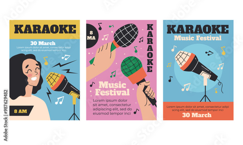 Karaoke microphone mic music retro poster banner flyer concept set. Vector graphic design element illustration