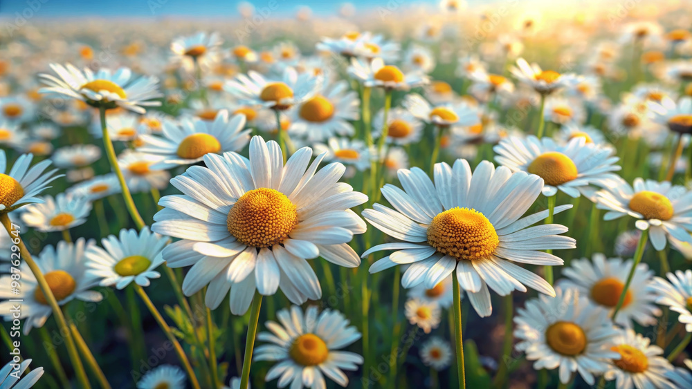 Bright and cheerful daisies bloom in vibrant field, creating stunning landscape filled with natures beauty. warm sunlight enhances joyful atmosphere of this floral scene Bright and cheerful daisies bloom in vibrant field, creating stunning landscape filled with natures beauty. warm sunlight enhances joyful atmosphere of this floral scene