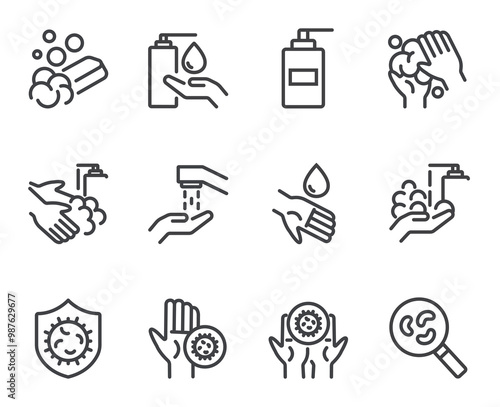 Hand washing line icons. Set of outline symbols, simple graphic elements, modern linear style black pictograms collection. Washing hands, hygiene, handwashing concepts. Vector line icons set