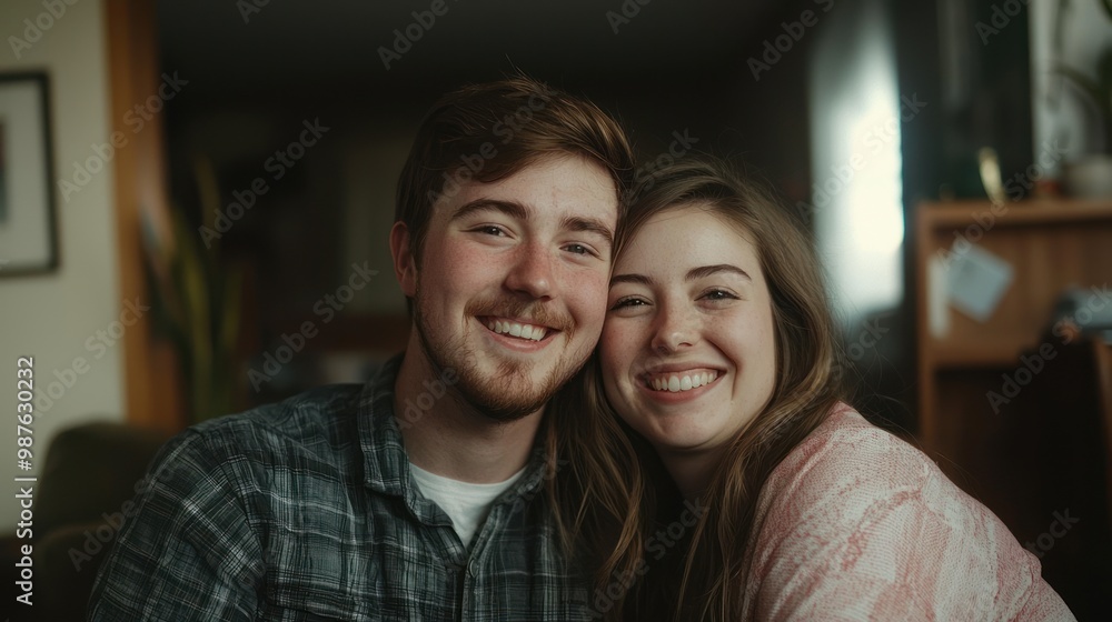 In their home, a young couple smiles for a cozy and intimate portrait. In their home, a young couple smiles for a cozy and intimate portrait.