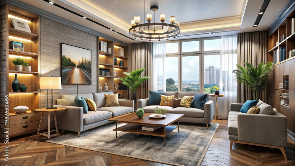 Fototapeta premium modern living room featuring stylish furniture, warm lighting, and decorative plants. space is designed for comfort and elegance, showcasing harmonious blend of colors and textures