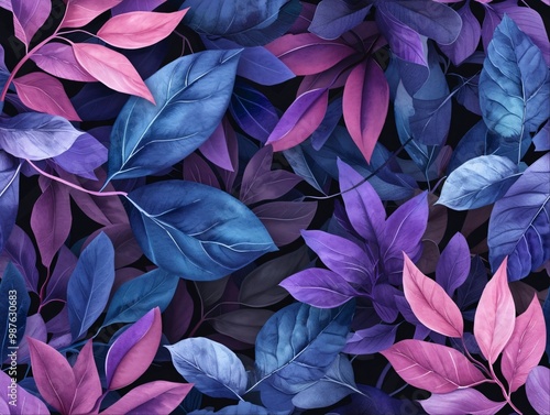 A close-up of colorful leaves with pink, purple, and blue hues on a black background. photo