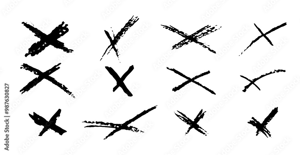 Set of crosses shapes. Black X handdrawn signs collection. No symbols for vote, quiz or survey. Simple choice icons. Cross doodle mark child handwritten. Vector illustration isolated on white bg Set of crosses shapes. Black X handdrawn signs collection. No symbols for vote, quiz or survey. Simple choice icons. Cross doodle mark child handwritten. Vector illustration isolated on white bg