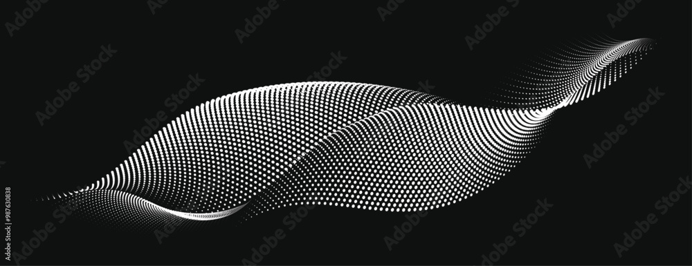 Dynamic monochrome halftone dots: abstract wave patterns for technology and sound, A dynamic particle waves, A halftone gradient on black background. Dynamic monochrome halftone dots: abstract wave patterns for technology and sound, A dynamic particle waves, A halftone gradient on black background.