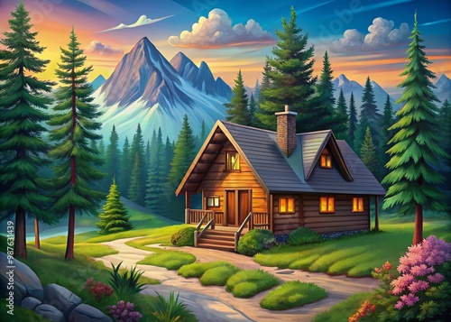 Cozy Lodge Clip Art Featuring Rustic Cabin, Trees, Mountains, and Nature Elements for Design Projects