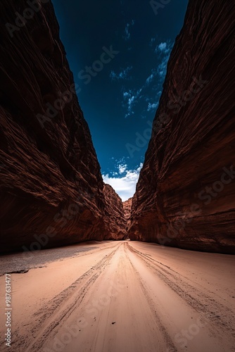 A narrow, sandy path runs between towering canyon walls, leading into the distance under a deep blue sky, creating a dramatic and isolated desert landscape