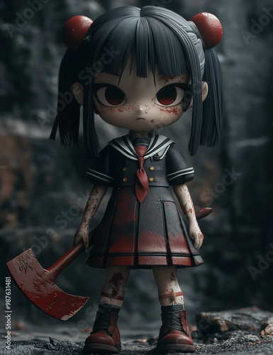 Cute little girl with an axe, wearing a red and black school uniform, against a dark background. The Chinese text has been removed. The artwork is in the style of xiaorisa, with a dollcore aesthetic a