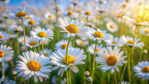 Bright and cheerful daisies bloom in vibrant field, creating picturesque scene filled with natures beauty and tranquility. sunlight enhances freshness of flowers, evoking sense of joy