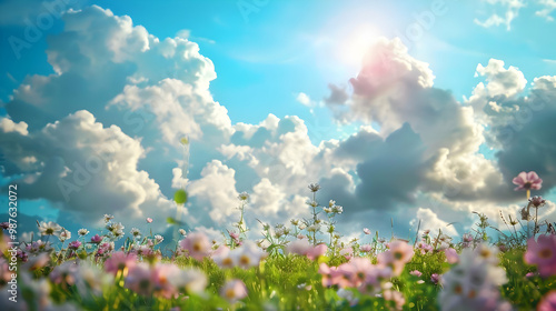 Beautiful Summer Meadow with Blooming Flowers and Sunny Sky