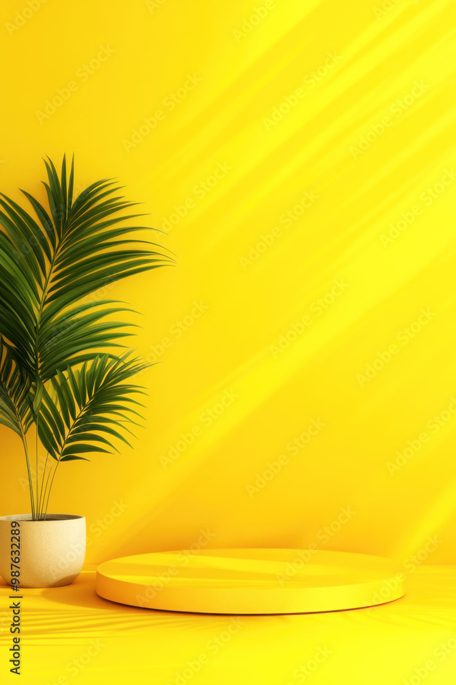 Minimalist yellow background with potted plant and round pedestal for product display Minimalist yellow background with potted plant and round pedestal for product display