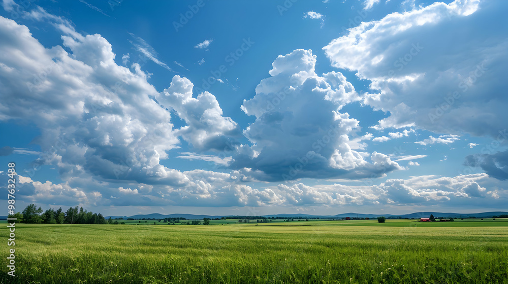 Stunning Green Field with White Clouds and Blue Sky Stunning Green Field with White Clouds and Blue Sky