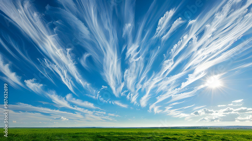 Stunning Blue Sky with White Clouds and Green Field