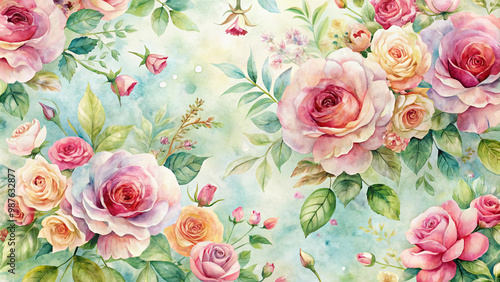 Beautiful floral watercolor background featuring variety of roses in soft pinks and yellows, surrounded by delicate greenery and small blossoms, creating serene and romantic atmosphere