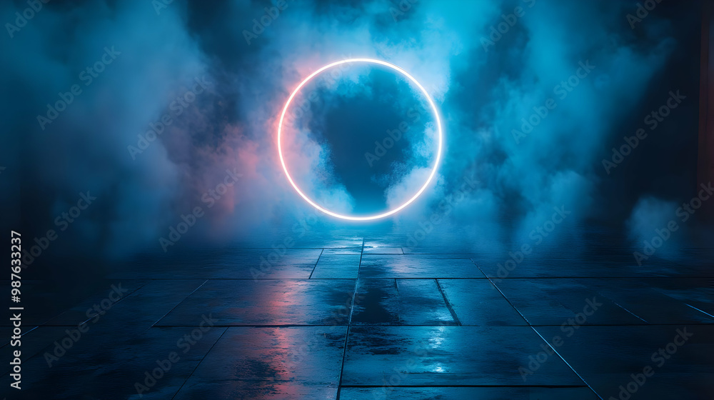 Neon Circle in Blue Fog, Abstract Background Illustration Neon Circle in Blue Fog, Abstract Background Illustration