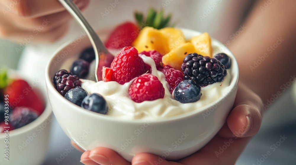 Person stirring fruit into yogurt, highlighting the blend of flavors and textures. Person stirring fruit into yogurt, highlighting the blend of flavors and textures.