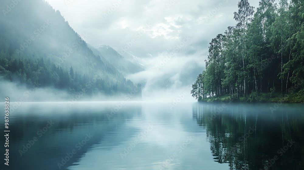 A serene lake nestled amidst misty mountains. The water is calm and reflective, reflecting the surrounding trees and clouds. A serene lake nestled amidst misty mountains. The water is calm and reflective, reflecting the surrounding trees and clouds.