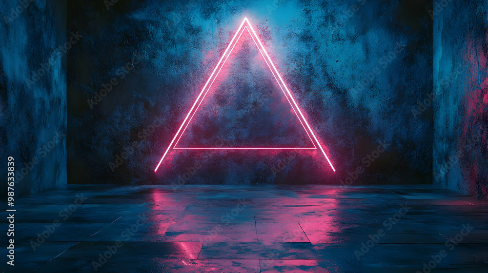 Pink Neon Triangle on Blue Grunge Wall, 3D Illustration Pink Neon Triangle on Blue Grunge Wall, 3D Illustration