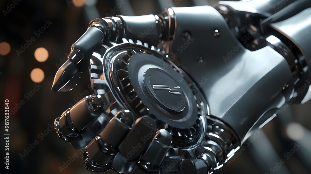 Fototapeta premium 3D visual of robot hand gripping mechanical part tightly image