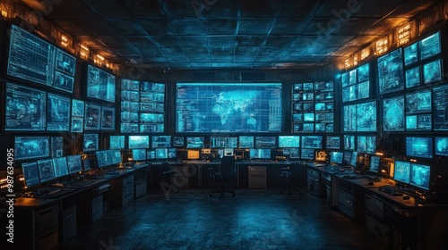 High-tech command centers monitor global operations on screens, Command center with multiple screens displaying ERP dashboards.