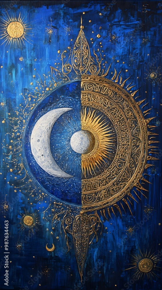 Fototapeta premium Painting of Sun and Moon Split in Half, Minimalist, Surreal, Abstract Image, Texture, Pattern Background, Wallpaper, Cover and Screen for Smartphone, PC, Laptop, 9:16 and 16:9 Format