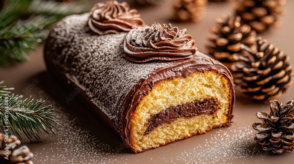 
Artistic close-up of a Yule log cake with chocolate frosting, dusted with powdered sugar, surrounded by pine cones.