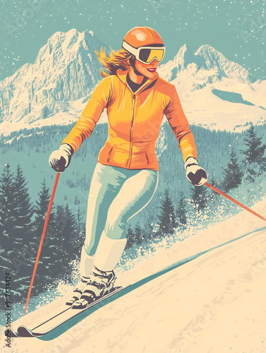 Poster illustration of a woman skiing at a ski resort in 1960's pop art style
