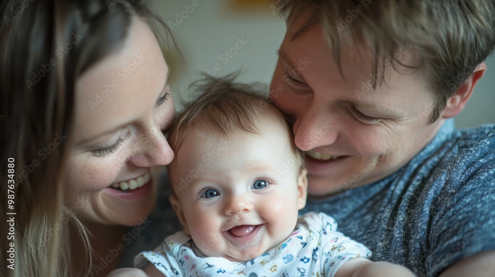 Playing with their baby, a young family shows genuine affection and fun interactions. Playing with their baby, a young family shows genuine affection and fun interactions.
