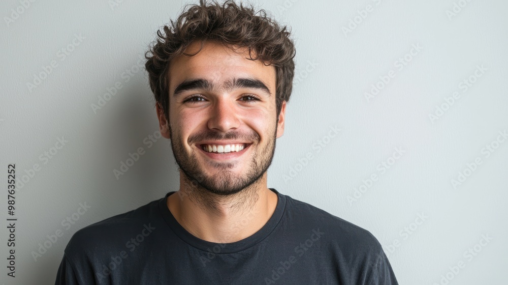 Portrait of a young man smiling warmly, set against a simple background. Portrait of a young man smiling warmly, set against a simple background.