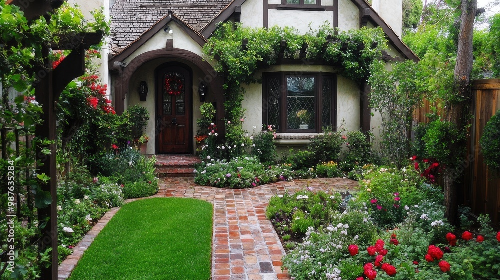 A charming European-style front yard with a brick walkway, well-maintained flower beds, and a wooden trellis, no people, no logo. A charming European-style front yard with a brick walkway, well-maintained flower beds, and a wooden trellis, no people, no logo.
